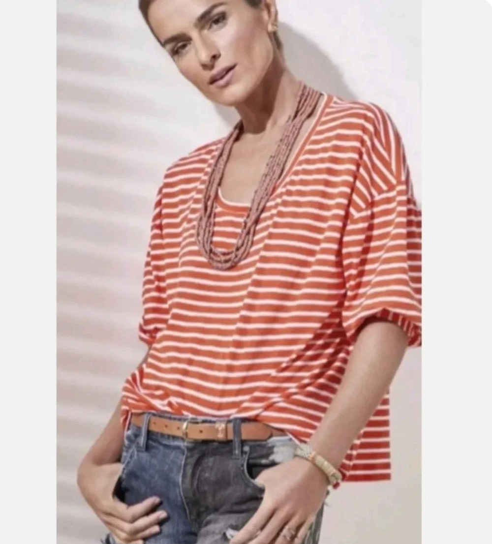 CAbi Poolside Orange Striped Blouse Puff Sleeves 100% Cotton Size Medium